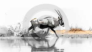 Striking black and white photograph captures a majestic gemsbok oryx gazella antelope with impressive horns wading through water,