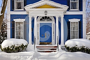 striking blue door with a clear fanlight above in a snowy colonial revival house landscape