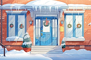 striking blue door with a clear fanlight above in a snowy colonial revival house landscape, magazine style illustration