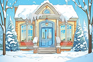 striking blue door with a clear fanlight above in a snowy colonial revival house landscape, magazine style illustration