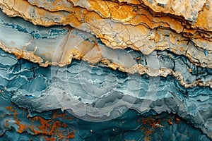 Striking blue and orange layers of geological texture natural wallpaper background