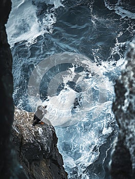 A striking close-up of an Atlantic puffin standing on a rugged cliffside, holding a beakful of silver fish