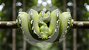 Vibrant Green Tree Python Coiled on Branch, Amazon Rainforest Wildlife Close-up