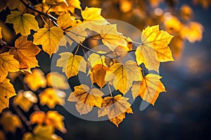 Close up view of yellow leaves on the dark background photo
