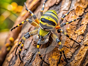 A Striking CloseUp of a Yellow and Black Orb Weaver Spider on Tree Bark Detailed View of Arachnid photo