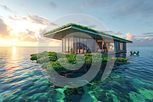 A striking, contemporary house with a green roof, floating on a crystal-clear ocean. The first light of day highlights the Easter