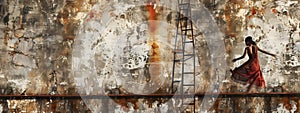 The striking contrast of a dancer\'s grace in a red dress against a weathered industrial backdrop