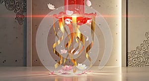 Abstract Elegant Red and Gold Design with Lotus Flowers and Ribbon