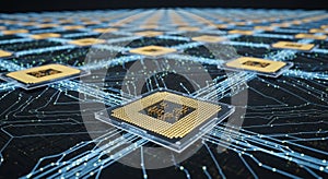 Futuristic CPU Processors on Circuit Board with Glowing Data Lines - AI Advanced Computing Technology