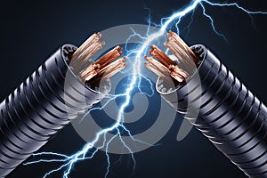 High-Voltage Electrical Cable with Lightning Strike Visualization: A Detailed 3D Render of Power Transmission
