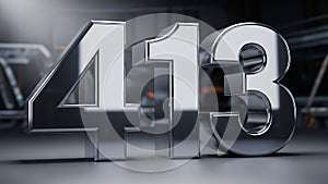 Chrome 3D Number 413 On Reflective Surface - Industrial Background