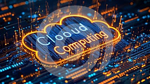 Advanced cloud computing network with orange glowing cloud
