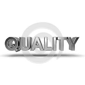 3D Metallic Silver 'Quality' Text on White Background