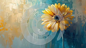 A striking depiction of a yellow Gerbera Daisy emerges through vibrant, bold oil paint brushstrokes, contrasted with a gentle,