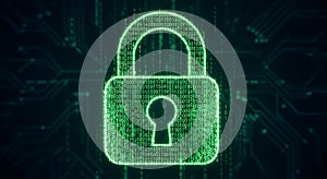 Digital Padlock Formed by Binary Code on Circuit Board Background