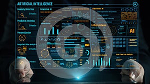 Futuristic Digital Interface Showcasing Artificial Intelligence Concepts with Data Analytics and Visualization Metrics