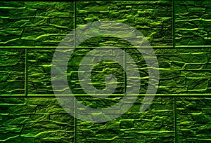 Green Stone Wall Texture Neon LED Lighting Effect Modern Architecture Background.
