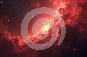 Striking fiery nebula with blazing bright light in red galaxy background concept. Infinite stardust cosmic space, interplanetary photo