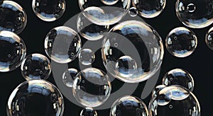 Iridescent Soap Bubbles Floating on Deep Black Background. Dynamic Abstract 3D Render
