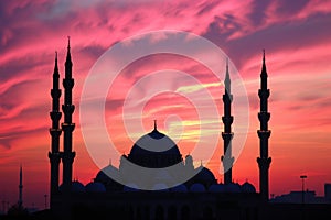 A striking image capturing the silhouette of a mosque as it stands against a vivid sunset sky, Silhouetted mosque against a