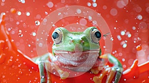 Green Tree Frog Catching Fly on Red Background with Torn Paper Effect