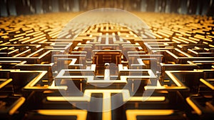 A striking image of an intricate golden maze with a deep focus on a single point, symbolizing complexity, choices, and