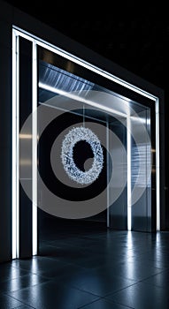 Futuristic Illuminated Archway with Circular Light Fixture in a Dark Room