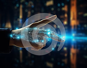 Digital technology, internet network connection concept. Finger touching on virtual screen, data exchange photo