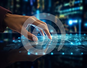 Digital technology, internet network connection concept. Finger touching on virtual screen, data exchange photo