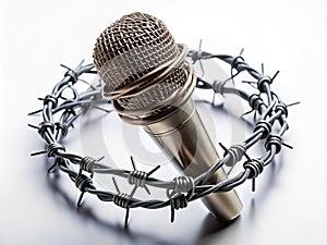 Minimalist Microphone and Barbed Wire A Visual Commentary on Suppressed Speech and Media Freedom photo