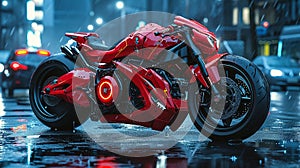 red motorcycle parked on wet surface photo