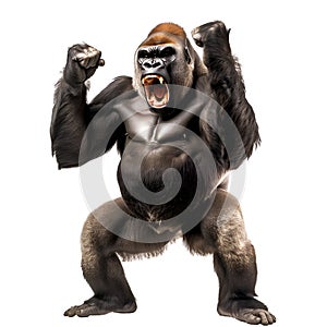 Striking image of a silverback gorilla standing tall against a clean white backdrop, mouth agape, and thumping its chest with