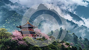 A striking image of a traditional temple nestled among mist-covered mountains, surrounded by lush greenery and blooming cherry