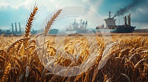 A striking image of a wheat field in the foreground with export ships in the background, emphasizing the reduced shipment activity photo