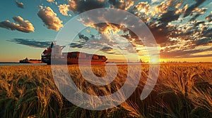 A striking image of a wheat field in the foreground with export ships in the background, emphasizing the reduced shipment activity photo