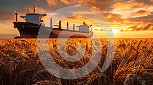 A striking image of a wheat field in the foreground with export ships in the background, emphasizing the reduced shipment activity photo