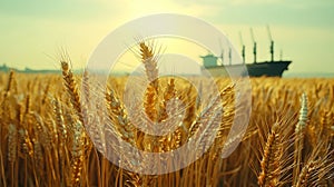 A striking image of a wheat field in the foreground with export ships in the background, emphasizing the reduced shipment activity photo