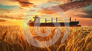 A striking image of a wheat field in the foreground with export ships in the background, emphasizing the reduced shipment activity photo