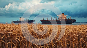 A striking image of a wheat field in the foreground with export ships in the background, emphasizing the reduced shipment activity photo