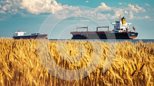 A striking image of a wheat field in the foreground with export ships in the background, emphasizing the reduced shipment activity photo