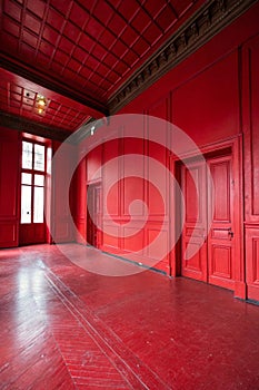 The floor and walls of the room are red as the background