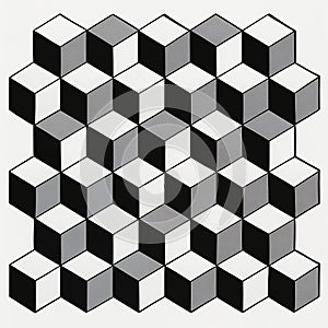 Isometric 3D Cube Optical Illusion Pattern in Black White and Gray Geometric Abstract Art Background