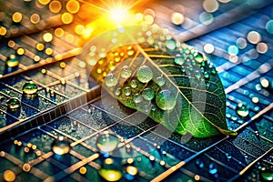 A Striking Macro of a DewKissed Leaf Solar Panel and Sunlight A Surreal Fusion of Nature and Technology