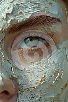 Close-up of Woman\'s Eye with Artistic Clay Mask Detail photo