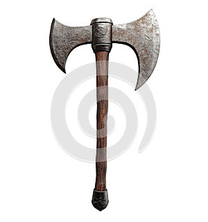 A majestic medieval axe with a white finish resting on a wooden surface, ready for battle photo