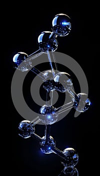 Striking metallic molecule structure reflecting blue light on dark background, symbolizing science