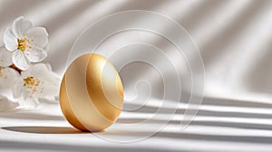 Minimalist Golden Easter Egg with Dramatic Striped Shadow on a Neutral Beige Background