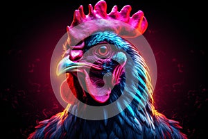 Striking Neon chicken bird portrait. Generate Ai