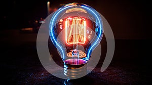 striking neon light bulb radiates electric blue and bright pink hues creating energetic aesthetic set solid black photo