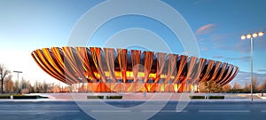 Striking orange stadium with a petal-like facade at twilight. Illuminated sports arena with a bold design. Concept of photo